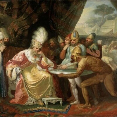 Appeal to Authority Fallacy - middle age painting where servant gives king white silk rope - fallaciesoflogic.com